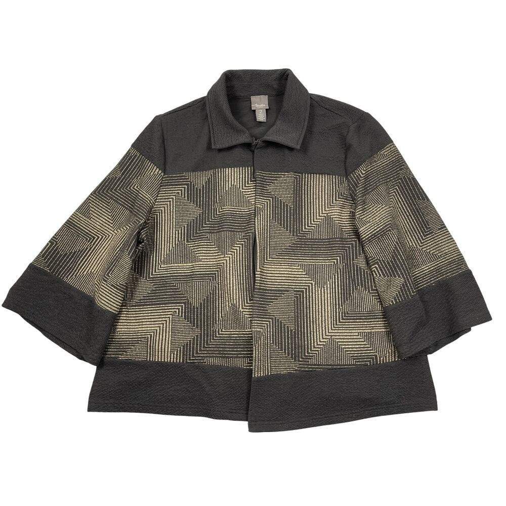 Chicos Travelers Collection Jacket 2 / Large Black Gold Zig Zag Crushed Textured